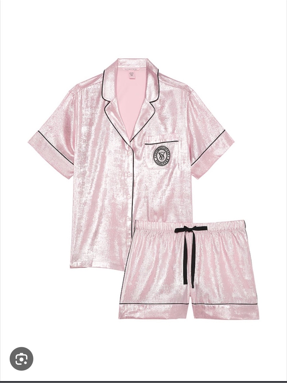 Victoria's Secret Pink Satin Short Pajama Set with Black Piping